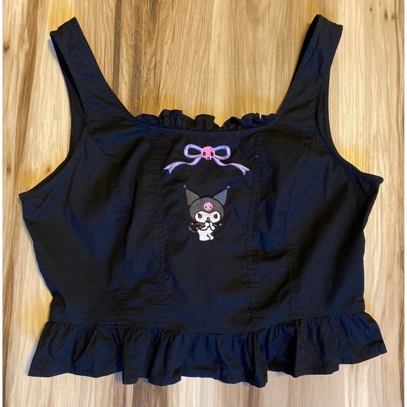 Sanrio Tops - Sanrio Kuromi Embroidered Ruffle‎ Crop Top Corset Black Lace Up Back Medium
